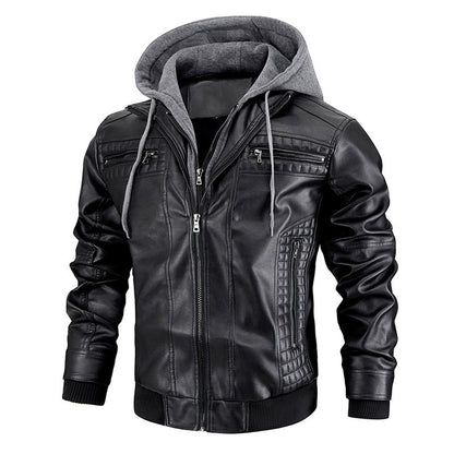 Men's PU Leather Hooded Jacket With Zipper Pockets
