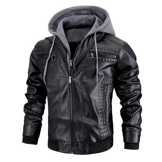 Men's PU Leather Hooded Jacket With Zipper Pockets