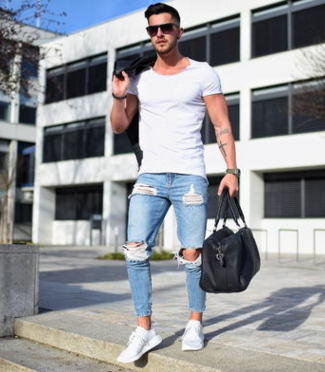 Men's Slim Fit Light Wash Ripped Jeans