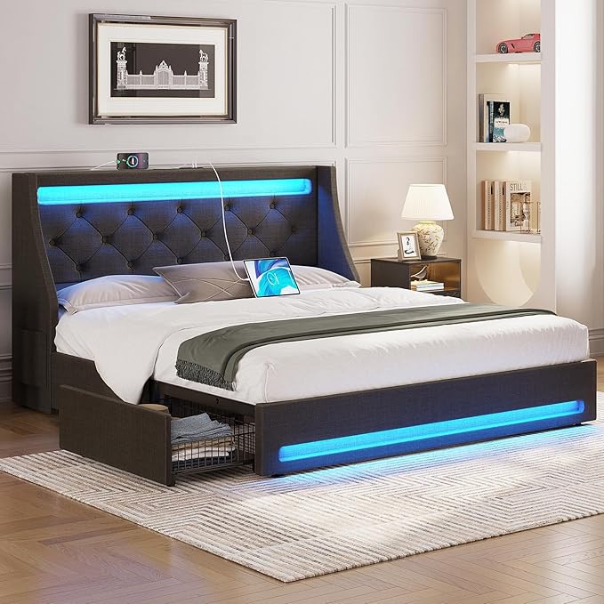 Charging Full Bed Frame with LED Ambiance