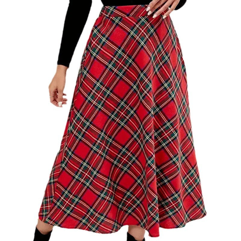Women's High Waist Casual Loose Plaid Midi Skirt