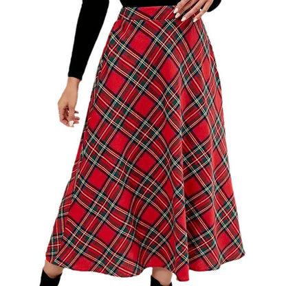 Women's High Waist Casual Loose Plaid Midi Skirt