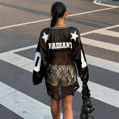 Women's Loose Lace See Through V-neck Jersey