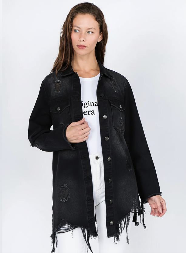 American Bazi Distressed Frayed Hem Denim Jacket