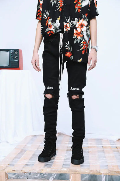 Black Distressed Embroidered Slim-Fit Jeans