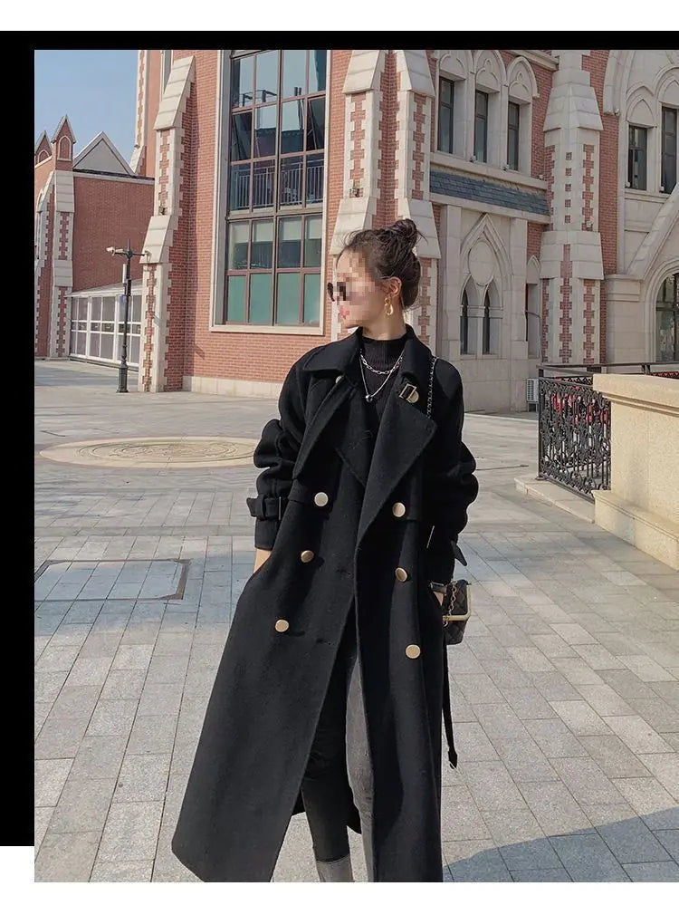 Mid-Length Women's Black Woolen Coat