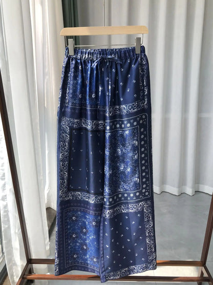 Pajamas| Chic Navy Blue Silk Pants & Shirt Combo