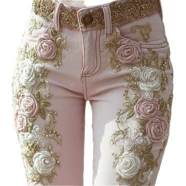 Women's Retro Pink Rose Embroidered Artistic Jeans