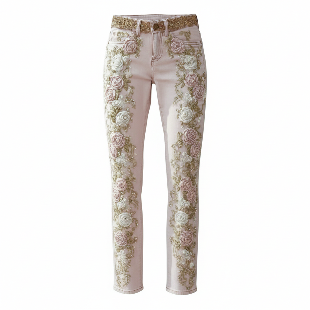 Women's Retro Pink Rose Embroidered Artistic Jeans