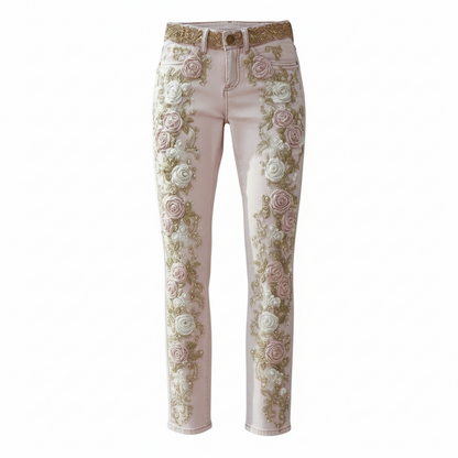 Women's Retro Pink Rose Embroidered Artistic Jeans