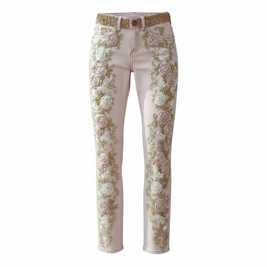 Women's Retro Pink Rose Embroidered Artistic Jeans