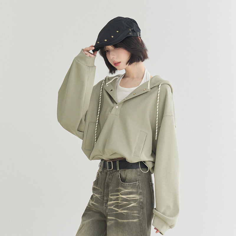 Women's Loose  Drawstring Cropped Hoodie