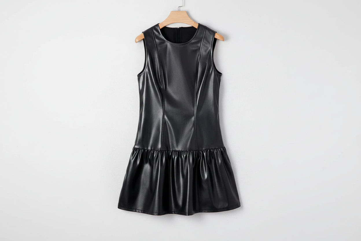Faux Leather Ruffle Hem Sleeveless Mini Dress