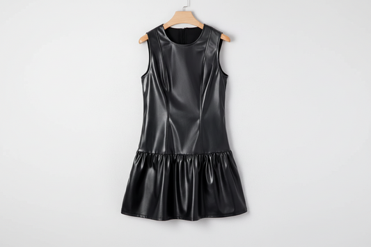Faux Leather Ruffle Hem Sleeveless Mini Dress
