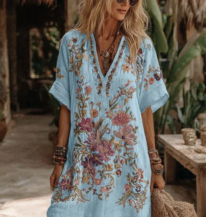 Women's Floral Art V Neck Comfy Midi Dress