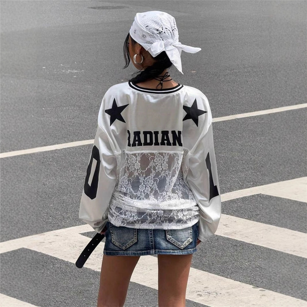 Women's Loose Lace See Through V-neck Jersey