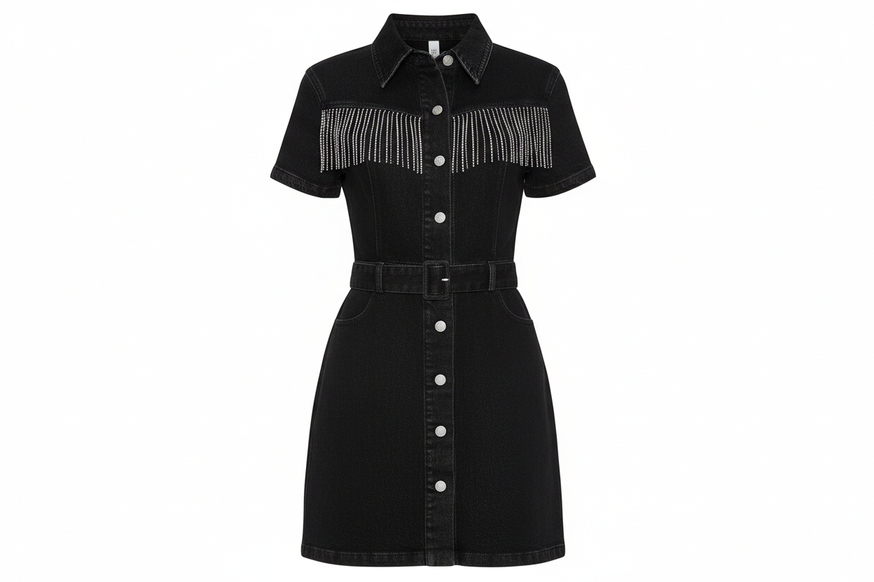 bytos Full Size Embellished Button Down Short Sleeve Denim Dress