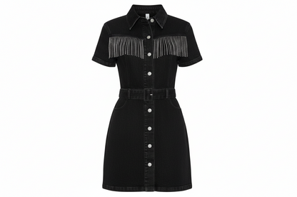 bytos Full Size Embellished Button Down Short Sleeve Denim Dress