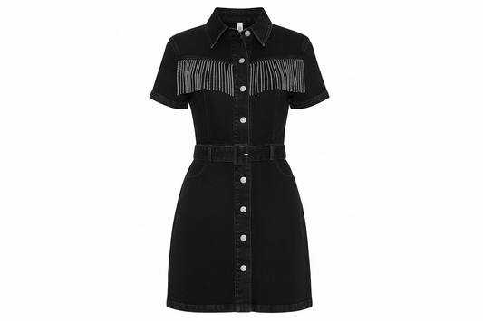 bytos Full Size Embellished Button Down Short Sleeve Denim Dress