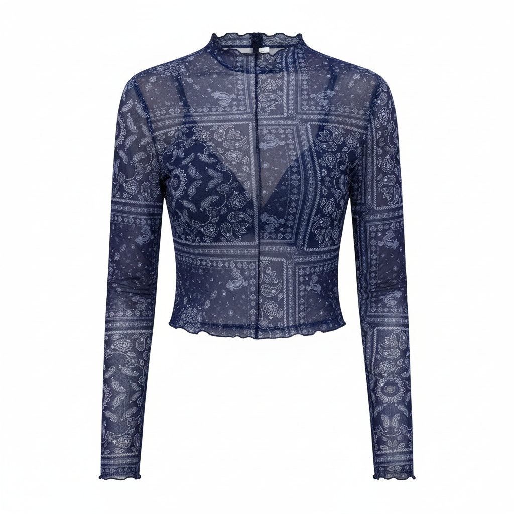 Paisley Mock Neck Long Sleeve Sheer Top