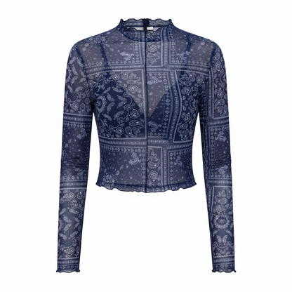 Paisley Mock Neck Long Sleeve Sheer Top