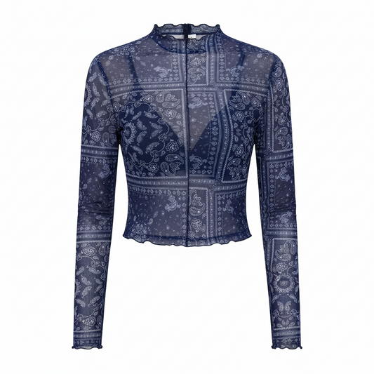 Paisley Mock Neck Long Sleeve Sheer Top