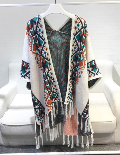 Mid-Length Shawl with Fringe Cape Coat
