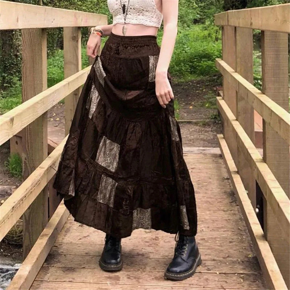 Boho Brown Pleated Maxi Skirt