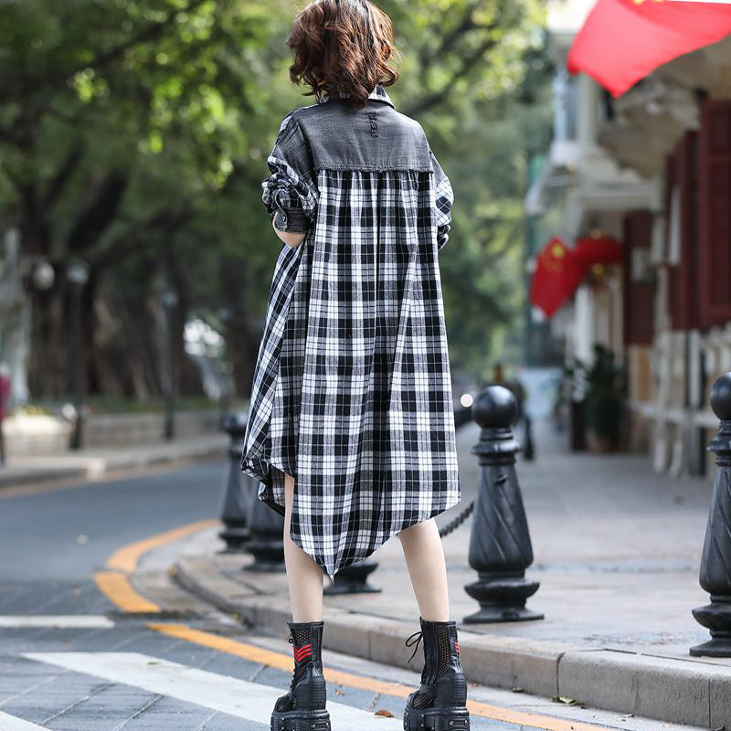 Loose Casual Denim Plaid Midi Dress