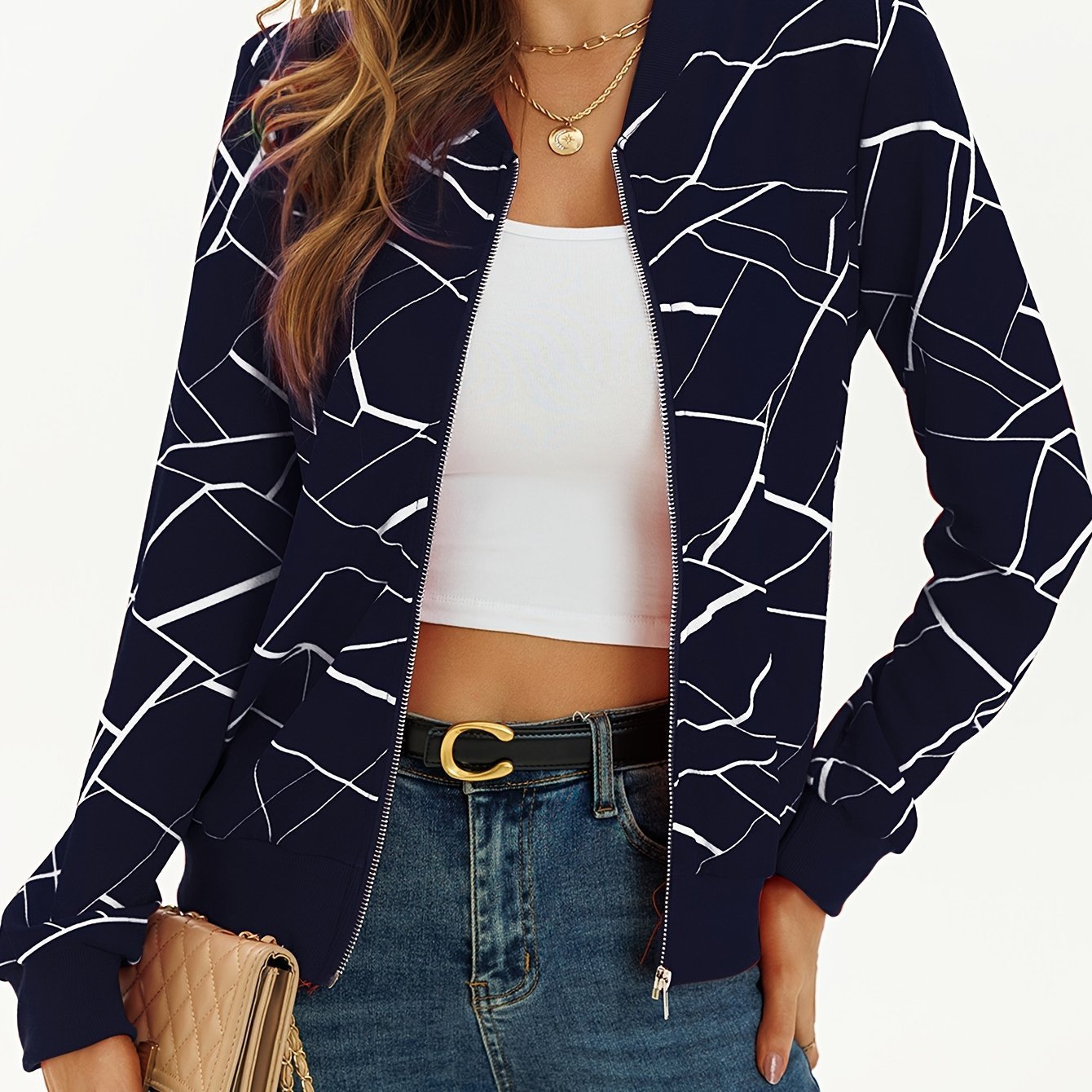 Women's Elegant Patterned Zip Up Bomber Jacket