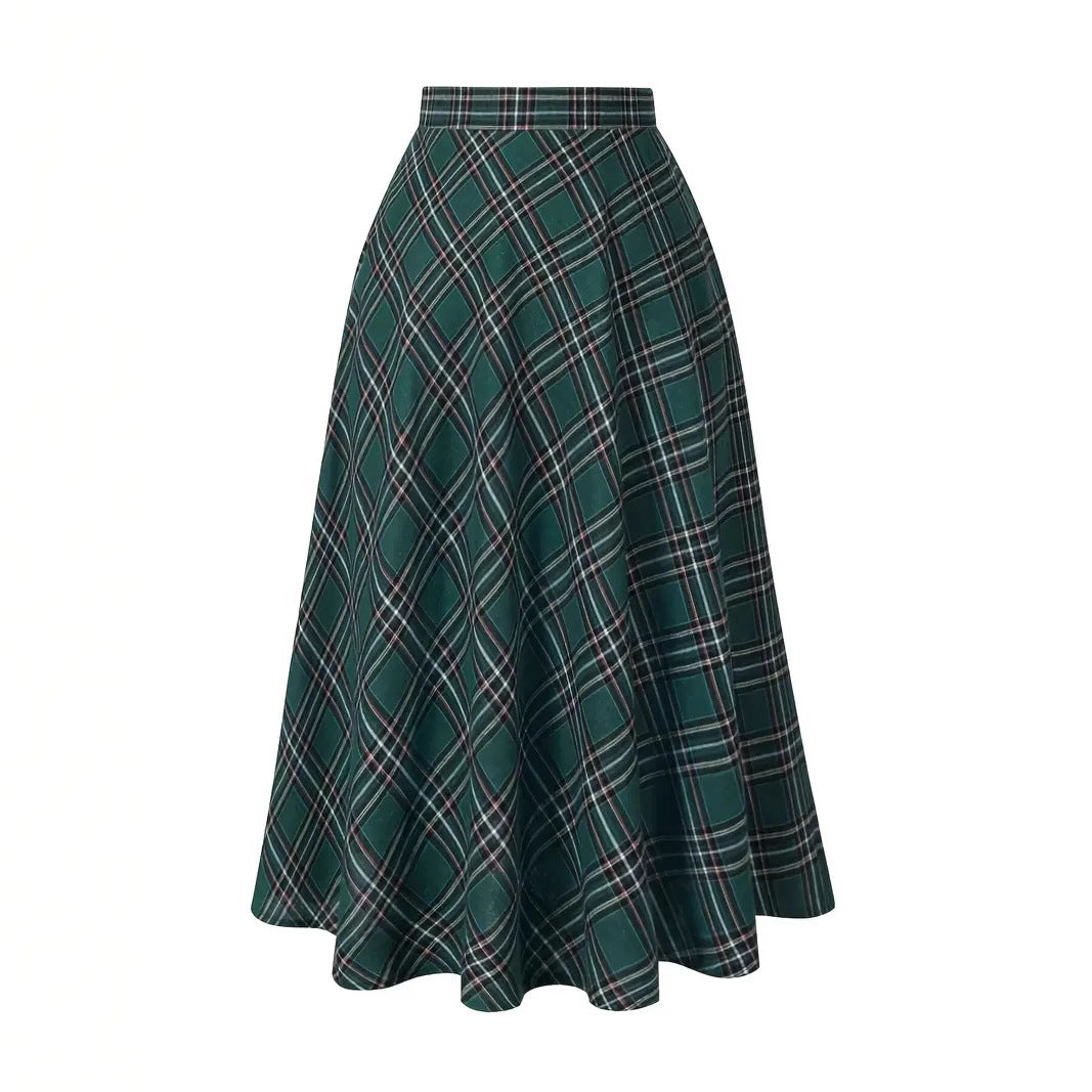 Women's High Waist Casual Loose Plaid Midi Skirt