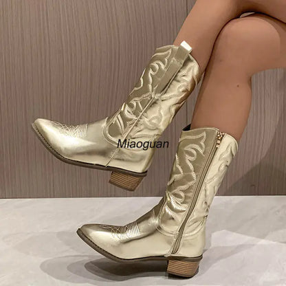 Women's Chic Gold Zip-Up Cowboy Boots