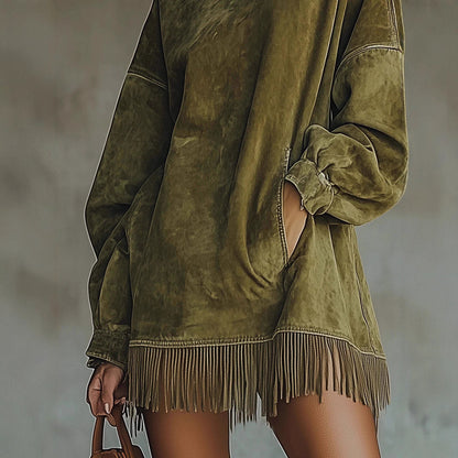 Loose Pockets Tassel Long Sleeve Suede Dress