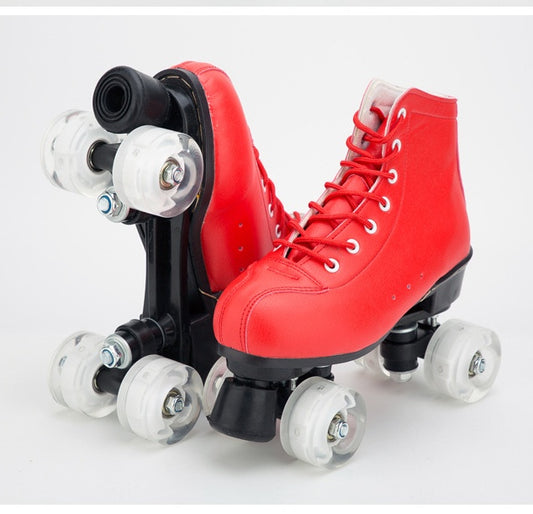 Big Red Cowhide Quad Skates With Flashing Wheels And Wear Resistant Boots
