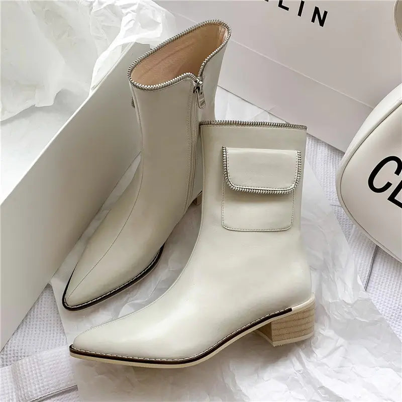 Pointed Thick Heel Zipper Retro Martin Short Boots