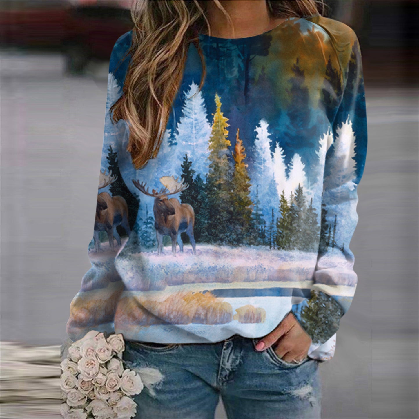 Women's Nordic Landscape Casual Round Neck Sweater