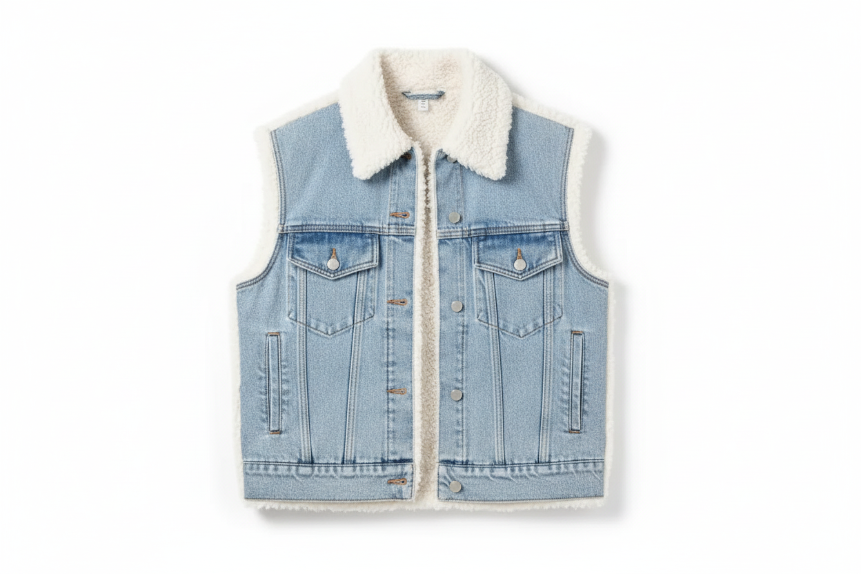 Aemi + Co Fake Two Pieces Denim Patch Sherpa Vest Coat