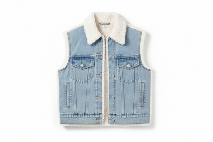 Aemi + Co Fake Two Pieces Denim Patch Sherpa Vest Coat