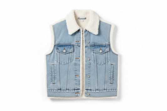 Aemi + Co Fake Two Pieces Denim Patch Sherpa Vest Coat