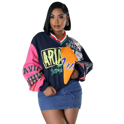 Women's Casual Contrast Color Loose V-neck Sweatshirt