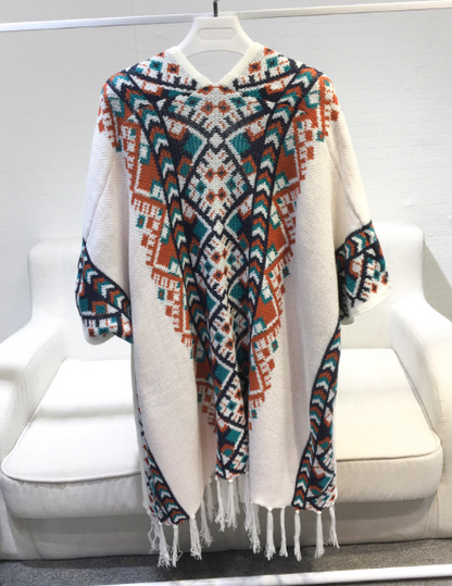 Mid-Length Shawl with Fringe Cape Coat