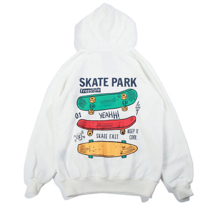 Skate Park Cartoon Print Oversized Hoodie for Couples
