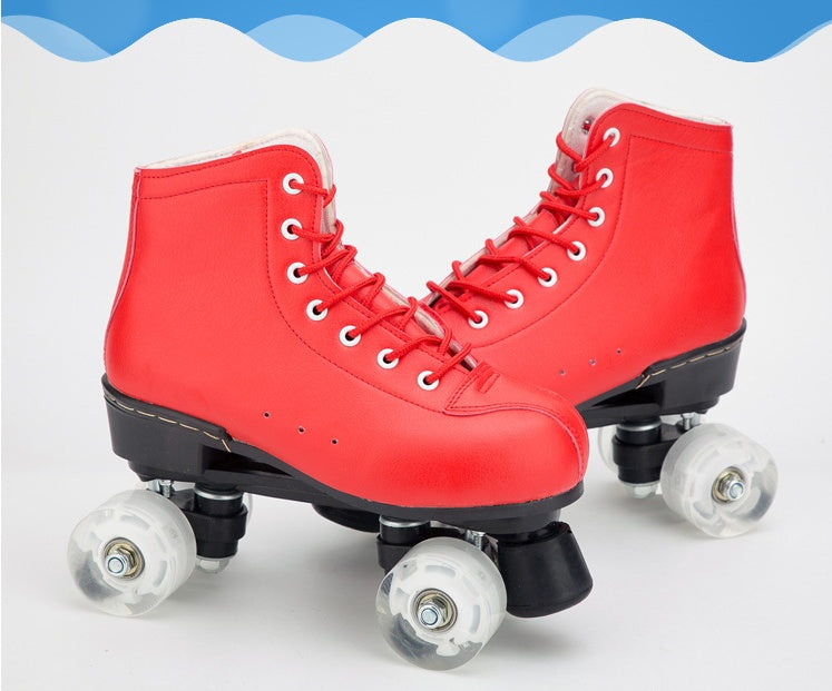 Big Red Cowhide Quad Skates With Flashing Wheels And Wear Resistant Boots