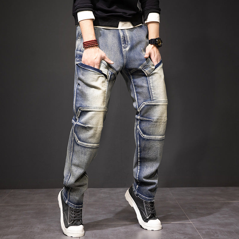 Men's Distressed Yellow Multi Pocket Work Jeans