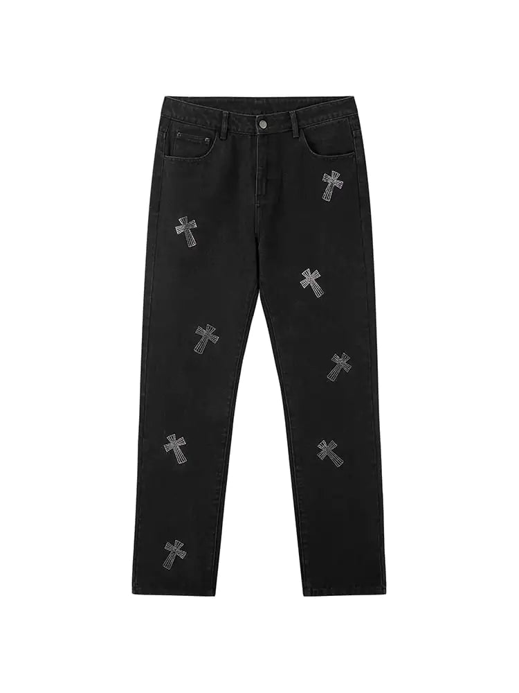 Retro Cross Rhinestone Black Jeans