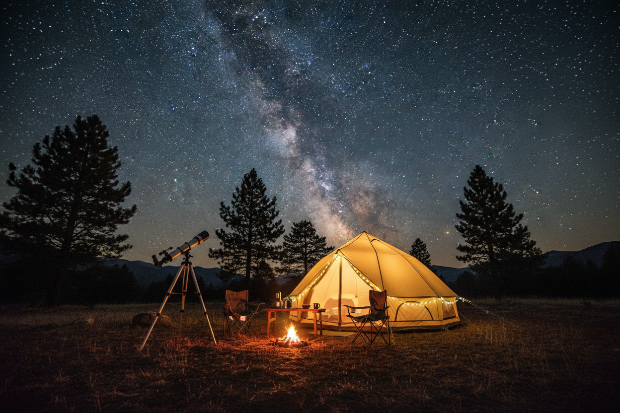 camping at night underneath the beautiful starry open sky, with a teleschope set up, and lights around the tent