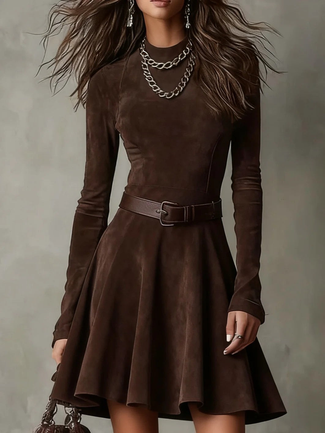 Elegant Solid Color Long-sleeve Round-Collar Graceful Dress