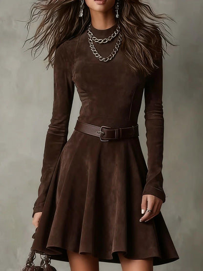 Elegant Solid Color Long-sleeve Round-Collar Graceful Dress