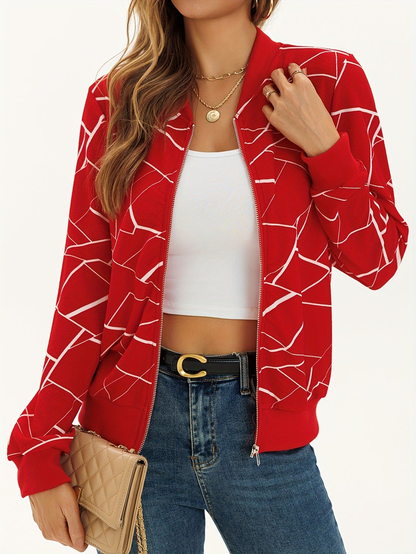 Women's Elegant Patterned Zip Up Bomber Jacket