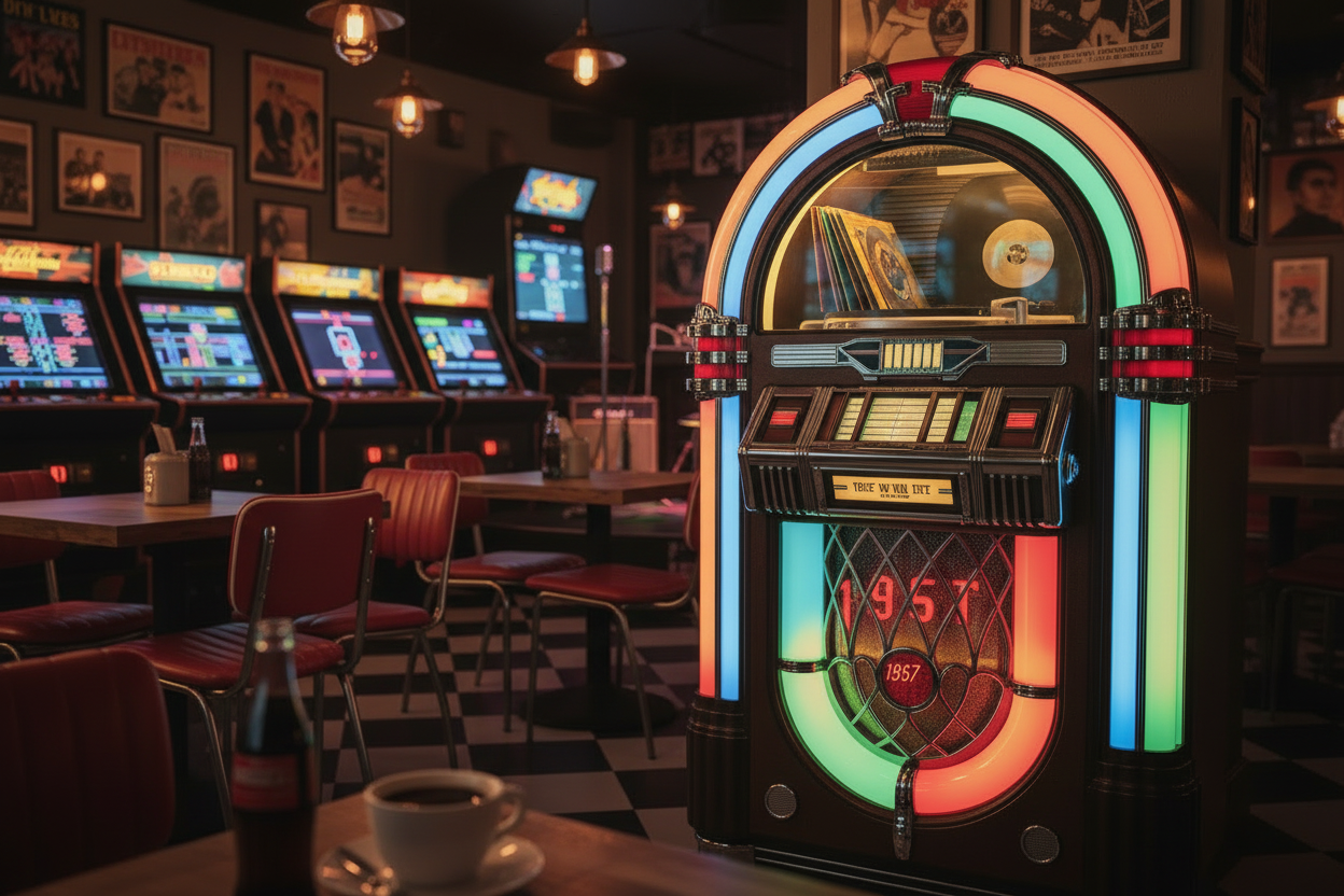 change the background to a vintage retro cafe, and place the jukebox near the little stage in the cafe